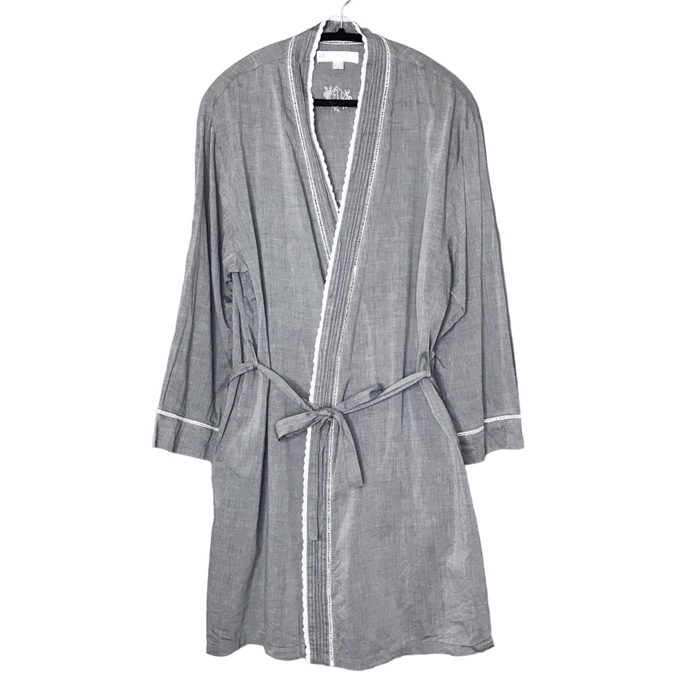 Large Eileen West Bathrobe Robe Sleepwear Lounge Cotton Lace Grey L/XL Bath